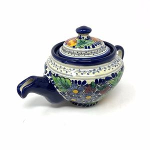 Talavera Pottery Small Teapot Mexican Folk Art Fruit Blue Flowers Signed Pretty!